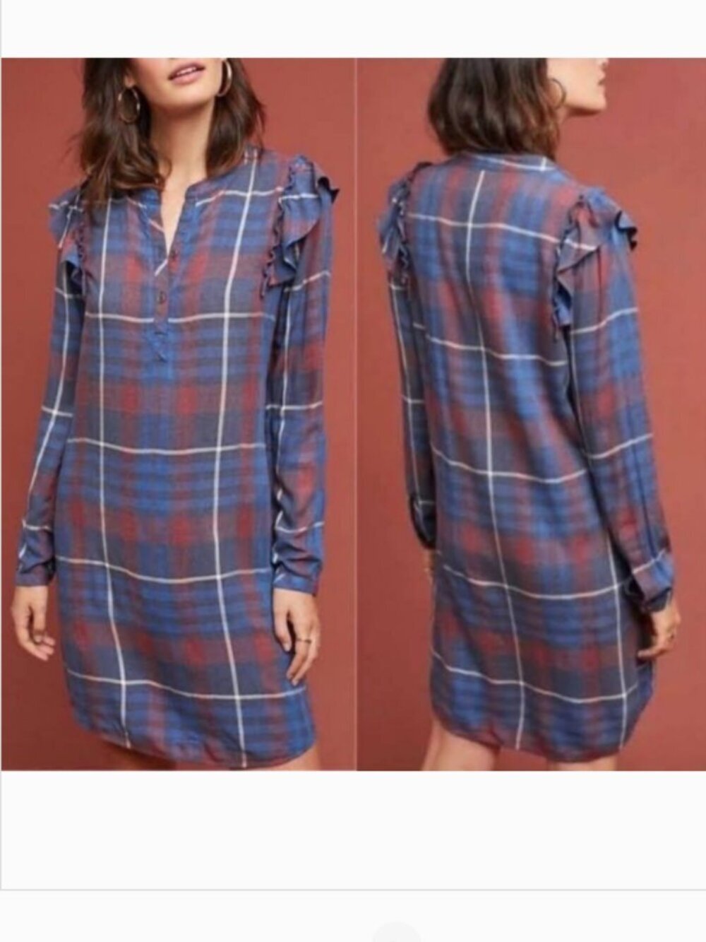 🎉HP!🎉 Anthro Cloth & Stone Ruffle Plaid Shirt Dress XS